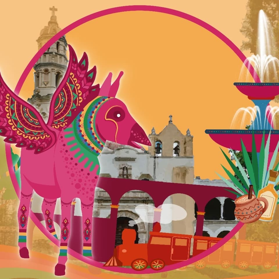 Vibrant pink alebrije with wings, a fountain, church, train, and tequila bottle.