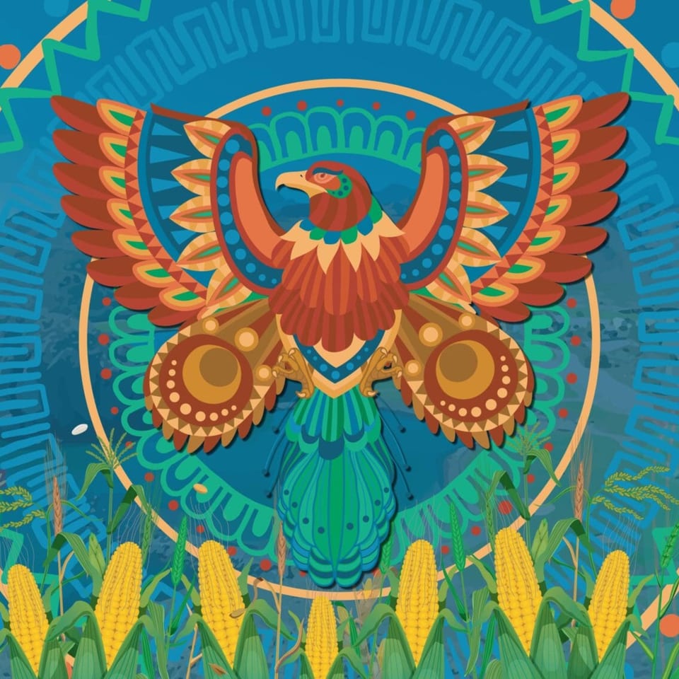 Colorful alebrije eagle with outstretched wings over a field of corn, against a blue patterned background.