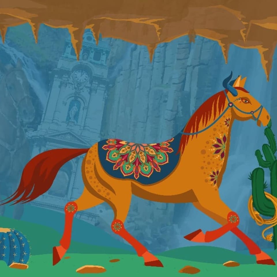 Stylized alebrije horse with ornate saddle and floral patterns, set against a Mexican landscape.
