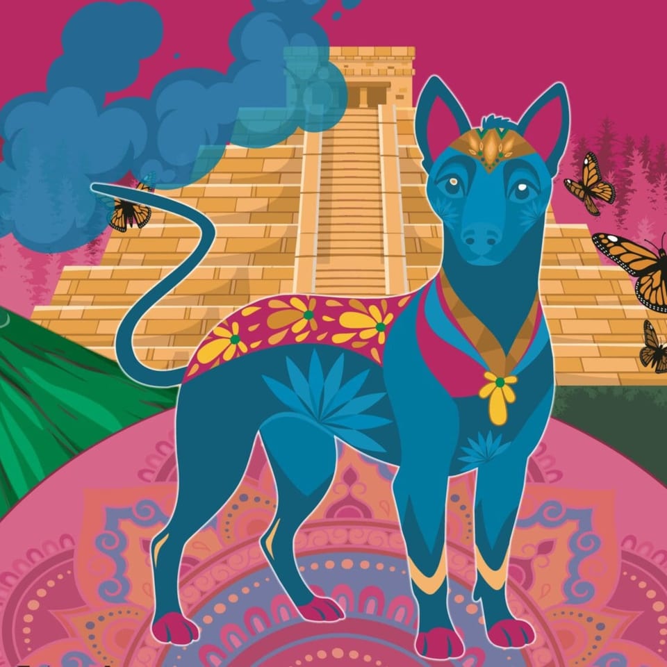 Mexican alebrije dog with a Mayan pyramid, butterflies, and colorful patterns.