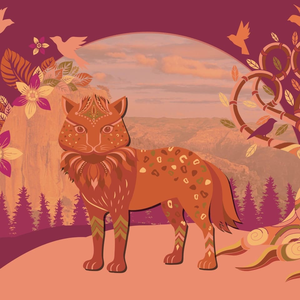 An Encanto Alebrije-style fox with intricate patterns, surrounded by flowers, birds, and a mountain landscape.