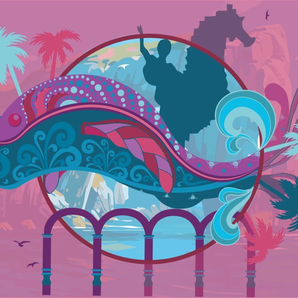 Vibrant Mexican folk art illustration with a whale, palm trees, and arches in pink and blue.