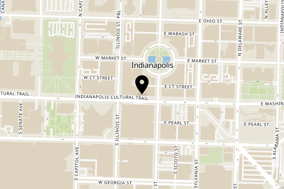 Map showing the location of Encanto Alebrije on 10 W Washington St in Indianapolis